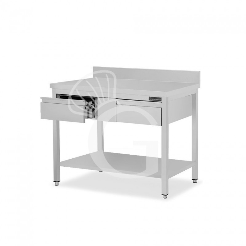 Mesa de acero inoxidable con estante peto 2 cajones L 1200 mm x P 800 mm x A 950 mm