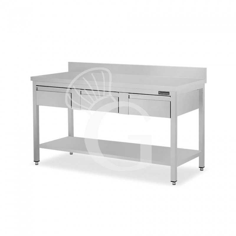 Mesa de acero inoxidable con estante peto 3 cajones L 1400 mm x P 800 mm x A 950 mm