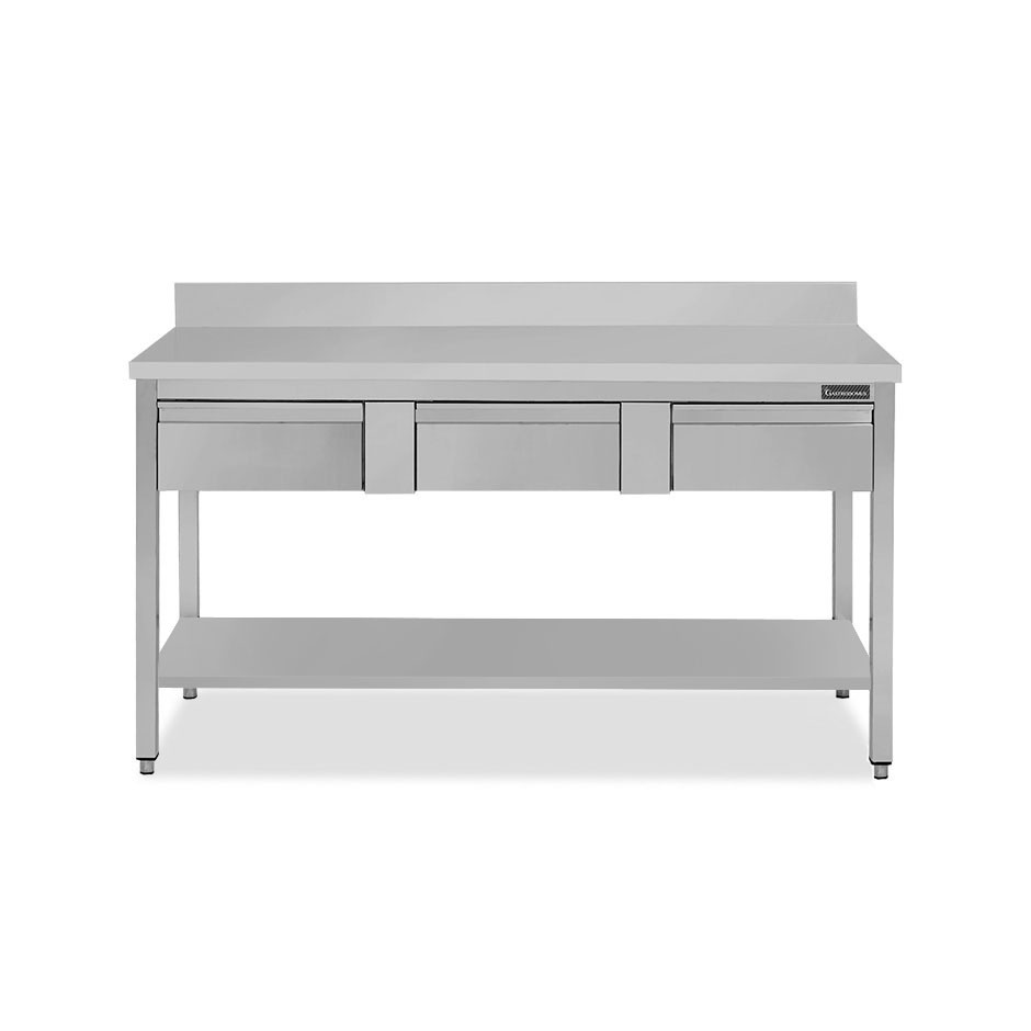Mesa de acero inoxidable con estante peto 3 cajones L 1400 mm x P 800 mm x A 950 mm