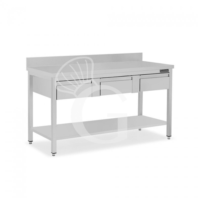 Mesa de acero inoxidable con estante peto 3 cajones L 1400 mm x P 800 mm x A 950 mm