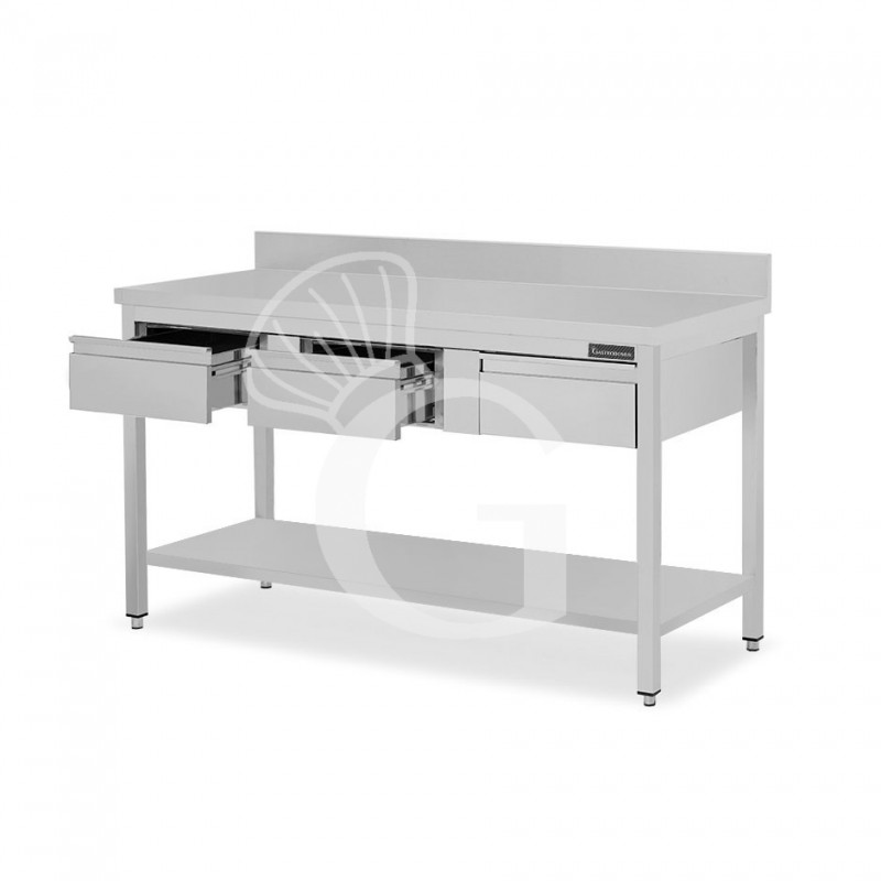 Mesa de acero inoxidable con estante peto 3 cajones L 1400 mm x P 800 mm x A 950 mm