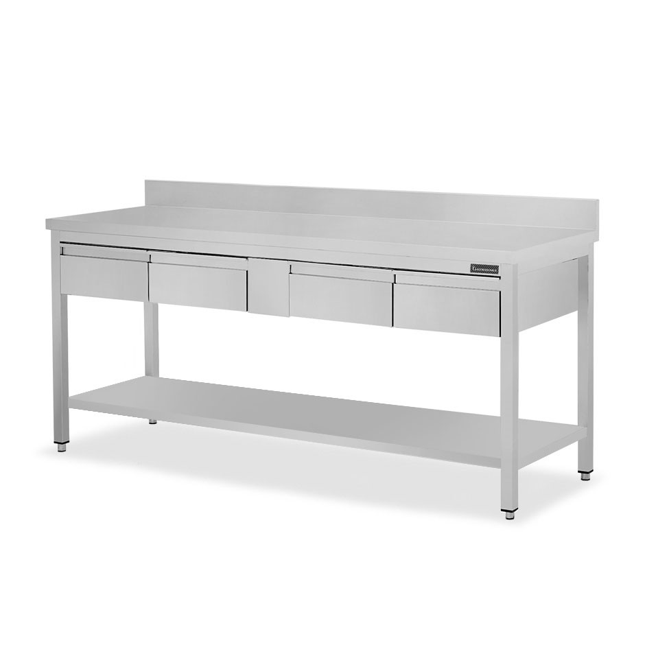 Mesa de acero inoxidable con estante peto 4 cajones L 2000 mm x P 800 mm x A 950 mm