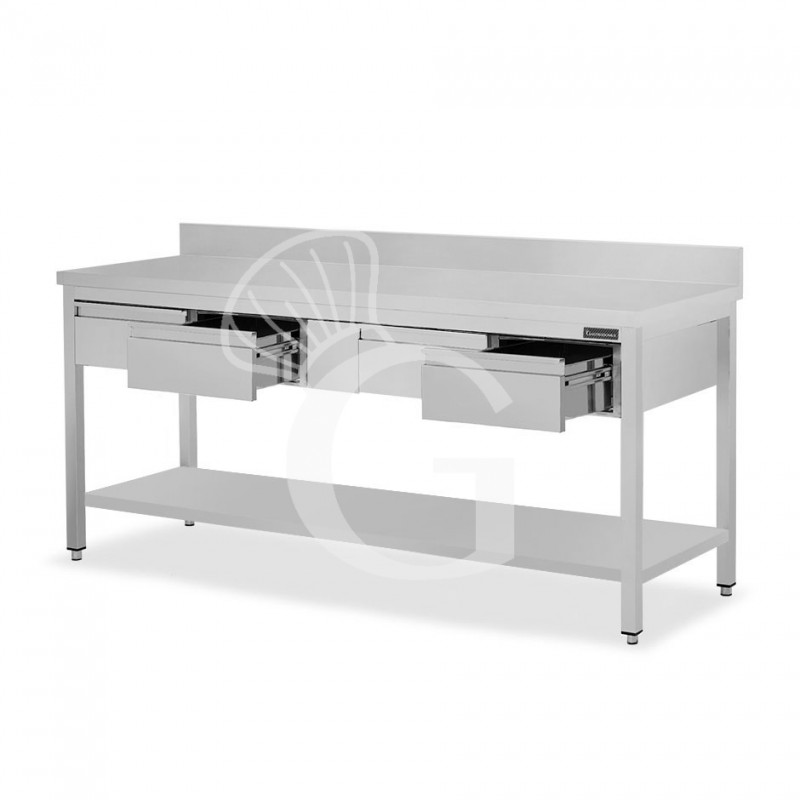 Mesa de acero inoxidable con estante peto 4 cajones L 2000 mm x P 800 mm x A 950 mm
