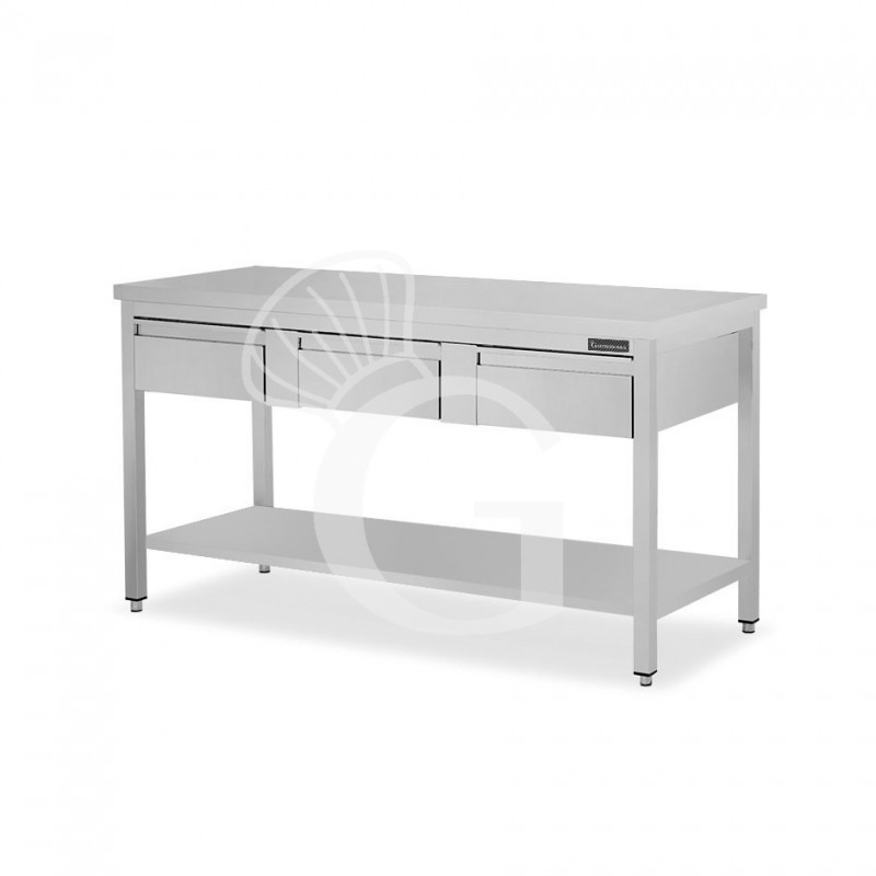 Mesa de acero inoxidable con estante y 3 cajones L 1400 mm x P 800 mm x A 850 mm