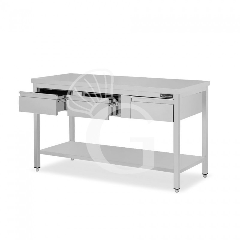 Mesa de acero inoxidable con estante y 3 cajones L 1400 mm x P 800 mm x A 850 mm