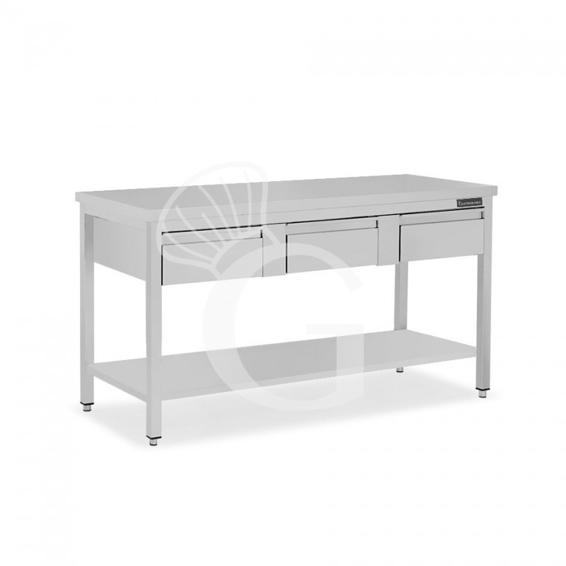 Mesa de acero inoxidable con estante y 3 cajones L 1400 mm x P 800 mm x A 850 mm
