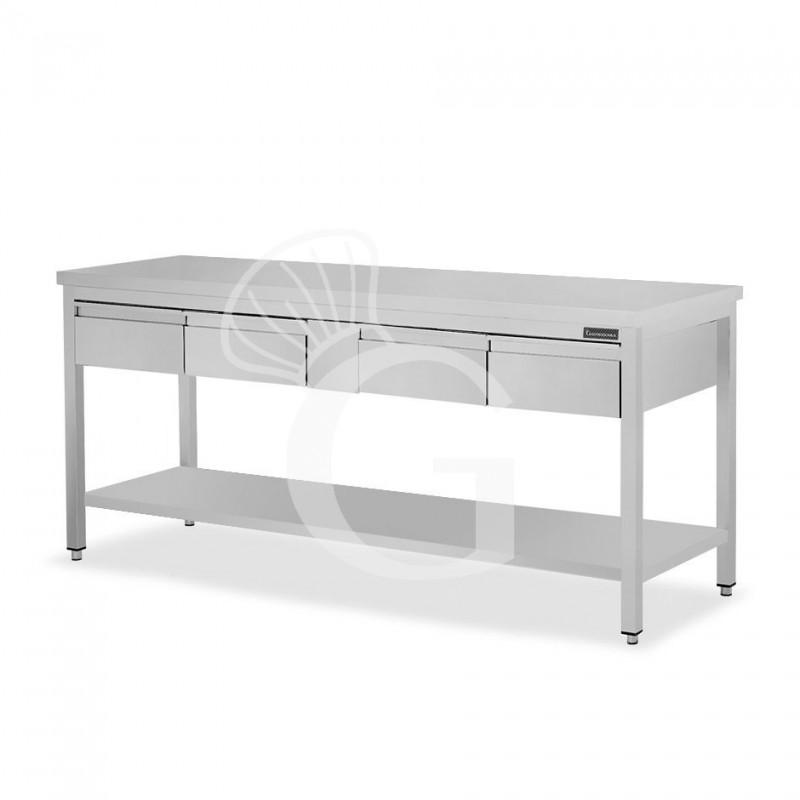 Mesa de acero inoxidable con estante y 4 cajones L 1800 mm x P 800 mm x A 850 mm