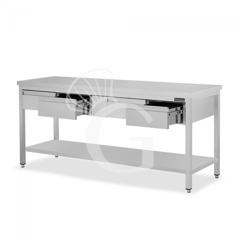 Mesa de acero inoxidable con estante y 4 cajones L 1800 mm x P 800 mm x A 850 mm