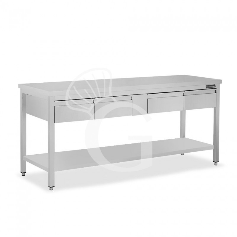 Mesa de acero inoxidable con estante y 4 cajones L 1800 mm x P 800 mm x A 850 mm