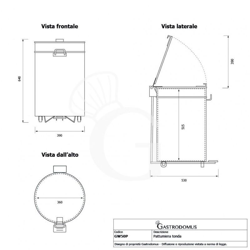 Cubo de basura redondo, diámetro 390 mm de acero inoxidable con tapa, apertura por pedal 50 LT