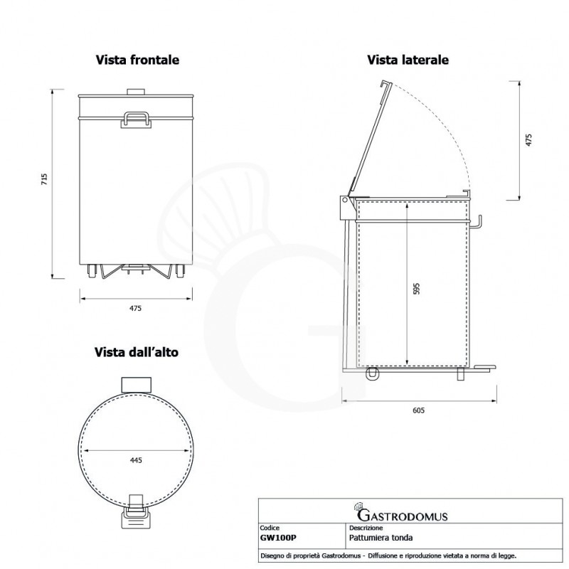 Pattumiera tonda diametro 475 mm in acciaio inox apertura tramite pedale 100 LT