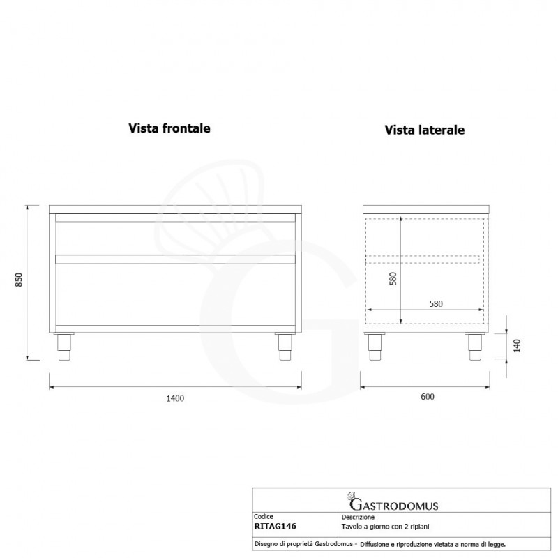 Mesa contrabarra de acero inoxidable con 2 estantes L 1400 mm x P 600 mm x A 850 mm