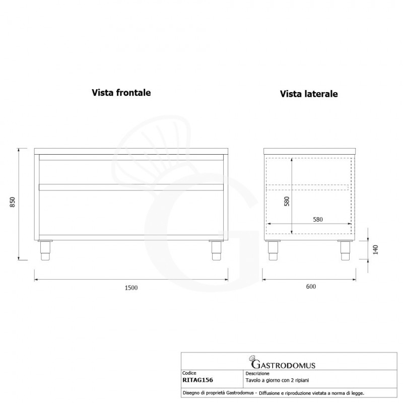 Mesa contrabarra de acero inoxidable con 2 estantes L 1500 mm x P 600 mm x A 850 mm