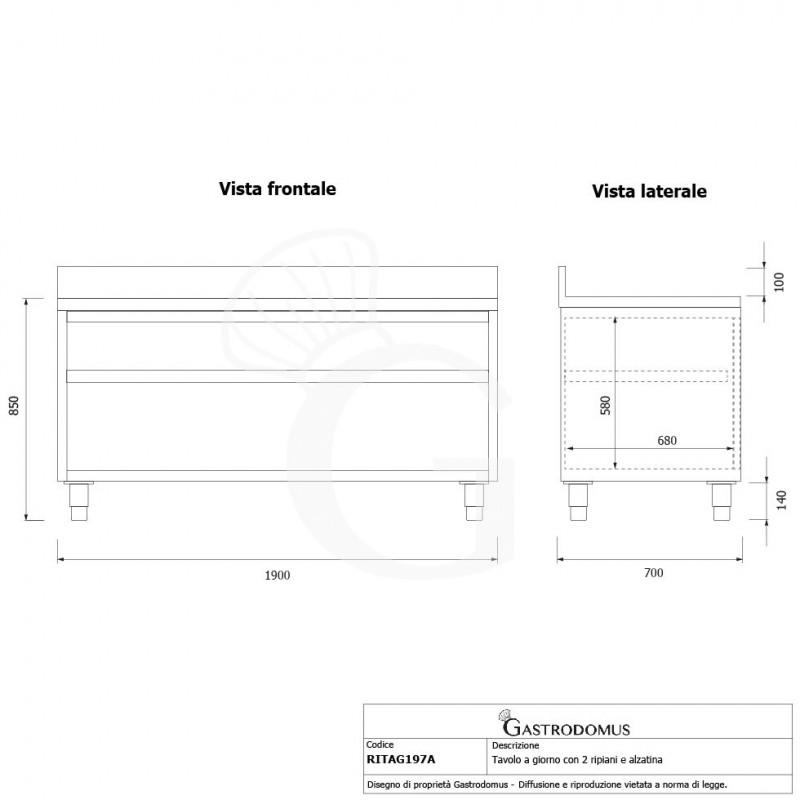 Mesa contrabarra de acero inoxidable con 2 estantes y peto L 1900 mm x P 700 mm x A 950 mm