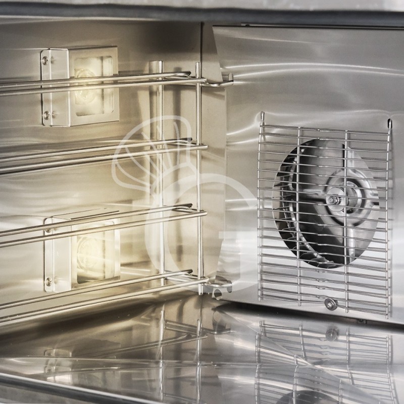 Horno eléctrico de convección y vapor, puerta abatible, controles mecánicos, 4 bandejas de 600x400 mm, potencia 6,4 kw