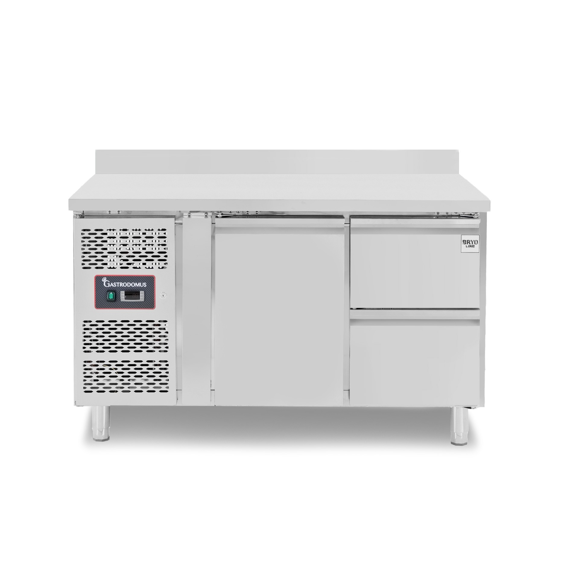 Mesa refrigerada con 1 puertas, 2 cajones de 1/2, peto trasero, profundidad 700 mm, temperatura -2°C/+8°C, motor a la izquierda