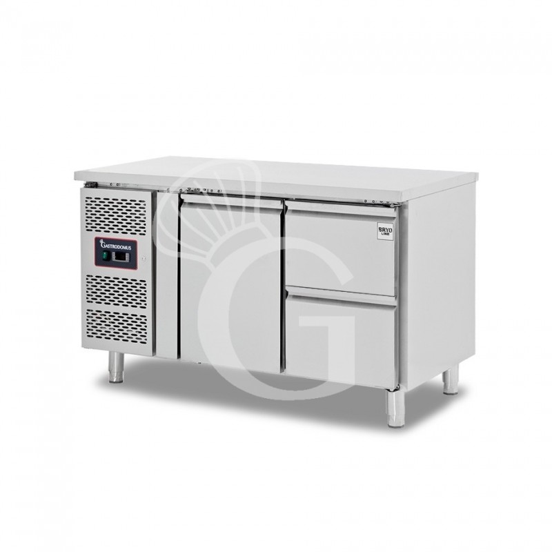 Mesa refrigerada con 1 puerta, 2 cajones de 1/2, profundidad 700 mm, temperatura -2°C/+8°C, motor a la izquierda
