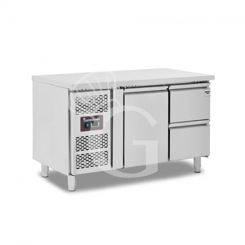 Mesa refrigerada con 1 puerta, 2 cajones de 1/2, profundidad 700 mm, temperatura -2°C/+8°C, motor a la izquierda