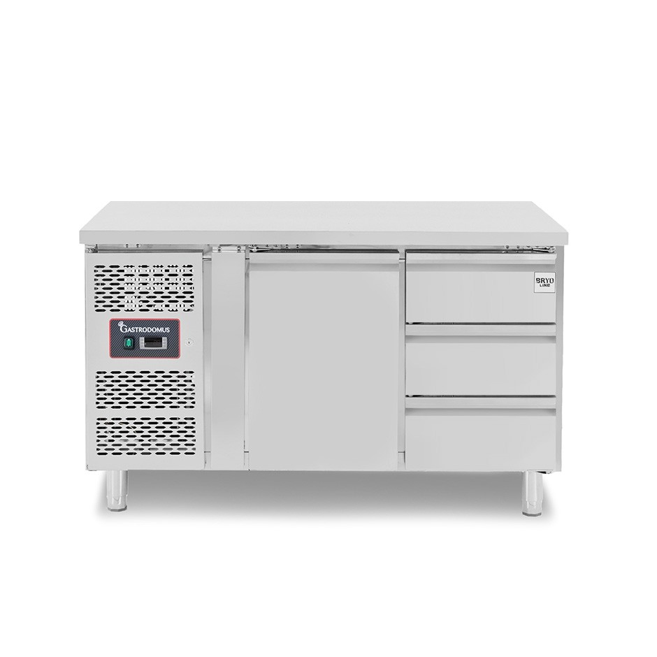 Mesa refrigerada con 1 puerta, 3 cajones de 1/3, profundidad 700 mm, temperatura -2°C/+8°C, motor a la izquierda