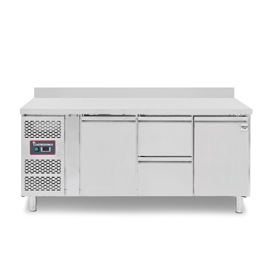 Mesa refrigerada con 2 puertas, 2 cajones de 1/2, peto trasero, profundidad 700 mm, temperatura -2°C/+8°C, motor a la izquierda