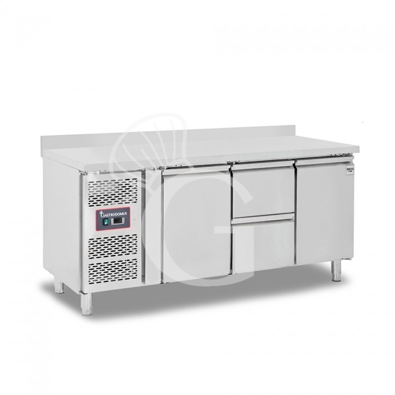 Mesa refrigerada con 2 puertas, 2 cajones de 1/2, peto trasero, profundidad 700 mm, temperatura -2°C/+8°C, motor a la izquierda