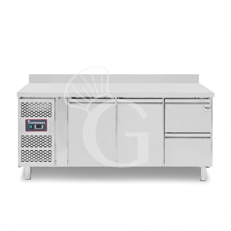 Mesa refrigerada con 2 puertas, 2 cajones de 1/2, peto trasero, profundidad 700 mm, temperatura -2°C/+8°C, motor a la izquierda