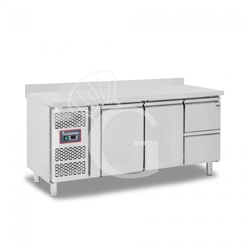 Mesa refrigerada con 2 puertas, 2 cajones de 1/2, peto trasero, profundidad 700 mm, temperatura -2°C/+8°C, motor a la izquierda
