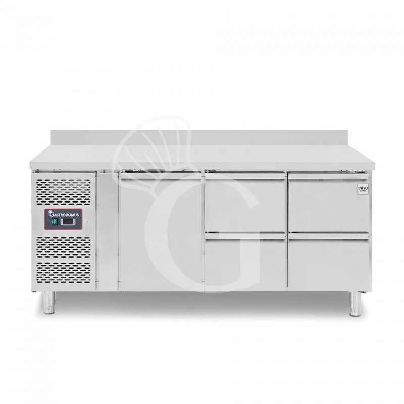 Mesa Refrigerada 4 Cajones 1 Puerta 700 mm de profundidad -2°C/+8°C, peto trasero, Motor a la Izquierda