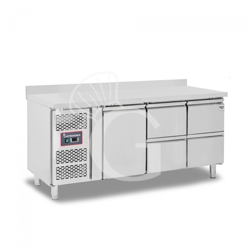 Mesa Refrigerada 4 Cajones 1 Puerta 700 mm de profundidad -2°C/+8°C, peto trasero, Motor a la Izquierda