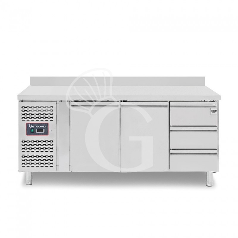 Mesa Refrigerada 3 Cajones 2 Puertas 700 mm de profundidad -2°C/+8°C, peto trasero, Motor a la Izquierda