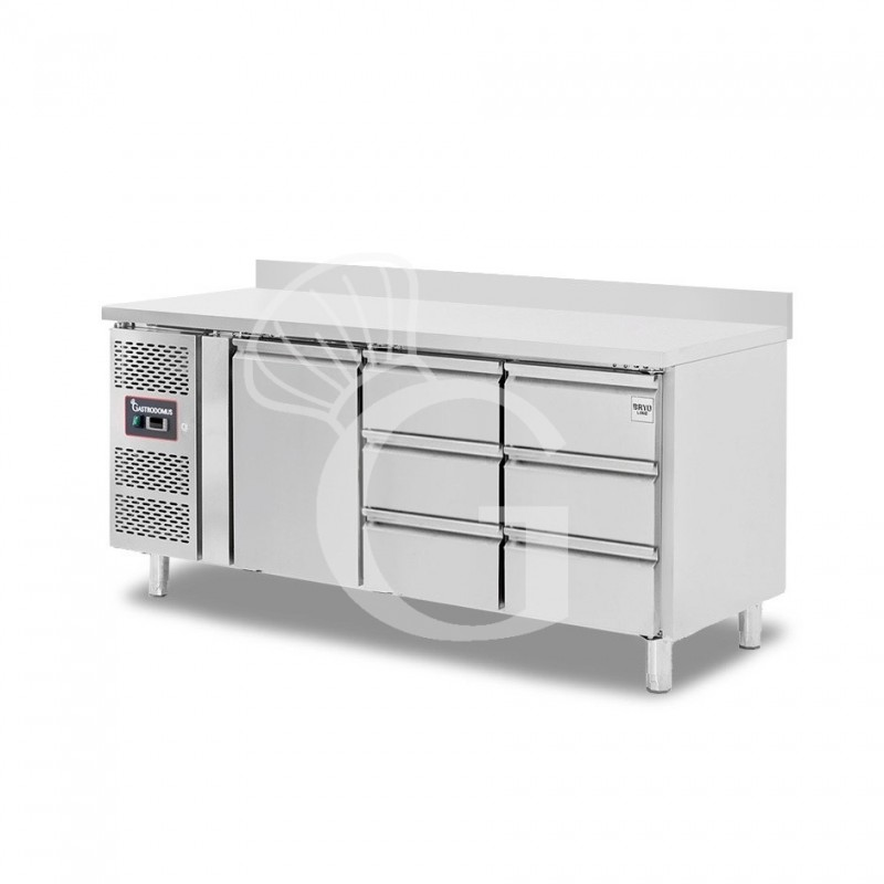 Mesa refrigerada con 1 puerta, 6 cajones de 1/3, peto trasero, profundidad 700 mm, temperatura -2°C/+8°C, motor a la izquierda