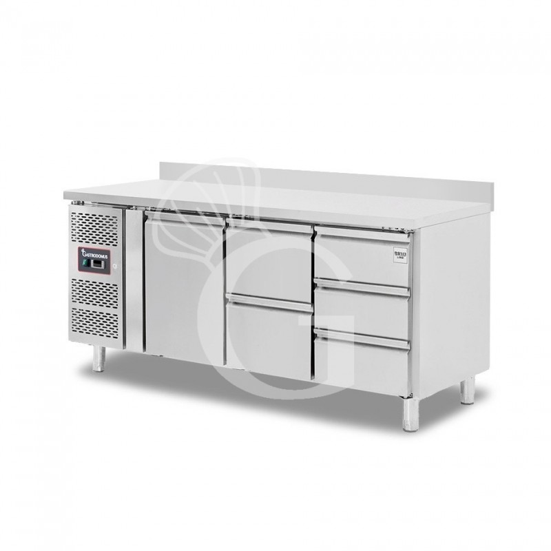Mesa Refrigerada 5 Cajones 1 Puerta 700 mm de profundidad -2°C/+8°C, peto trasero, Motor a la Izquierda