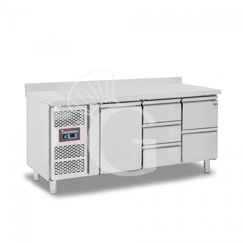 Mesa Refrigerada 5 Cajones 1 Puerta 700 mm de profundidad -2°C/+8°C, peto trasero, Motor a la Izquierda