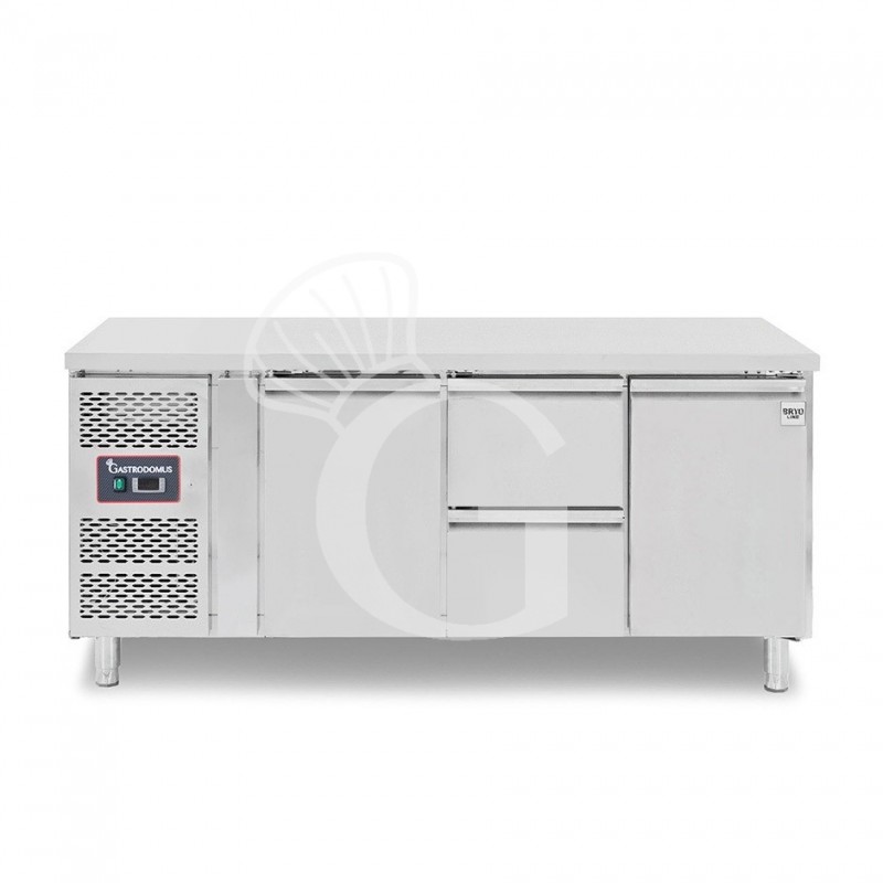 Mesa refrigerada con 2 puertas, 2 cajones de 1/2, profundidad 700 mm, temperatura -2°C/+8°C, motor a la izquierda