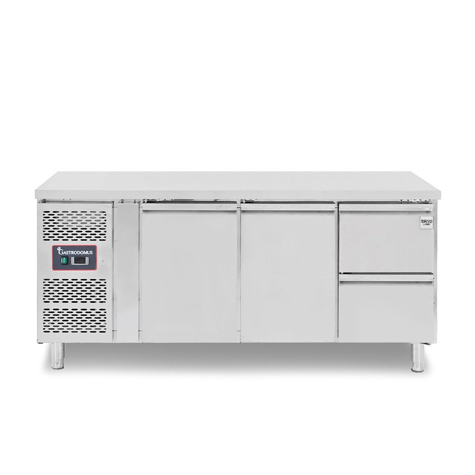 Mesa refrigerada con 2 puertas, 2 cajones de 1/2, profundidad 700 mm, temperatura -2°C/+8°C, motor a la izquierda