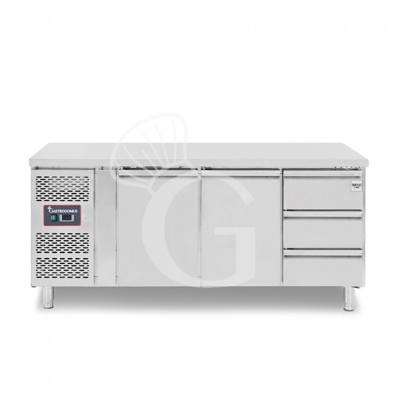 Mesa refrigerada con 2 puertas, 3 cajones de 1/3, profundidad 700 mm, temperatura -2°C/+8°C, motor a la izquierda