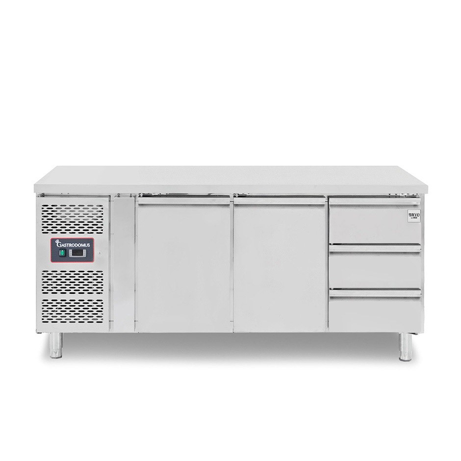 Mesa refrigerada con 2 puertas, 3 cajones de 1/3, profundidad 700 mm, temperatura -2°C/+8°C, motor a la izquierda