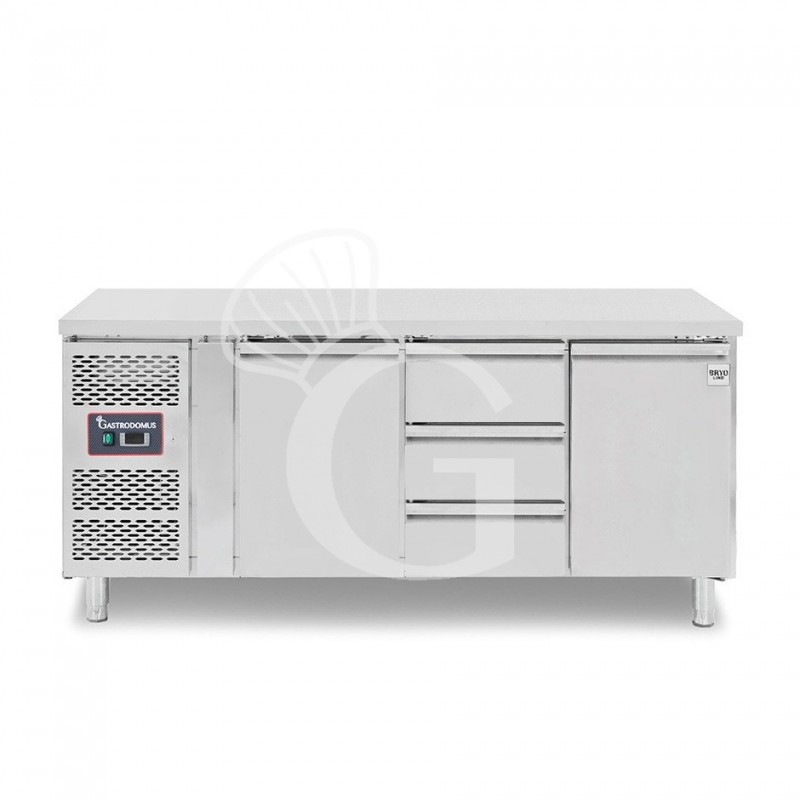 Mesa refrigerada con 2 puertas, 3 cajones de 1/3, profundidad 700 mm, temperatura -2°C/+8°C, motor a la izquierda