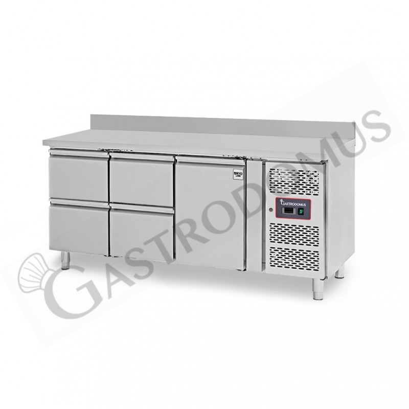 Mesa Refrigerada para gastronomía 4 cajones 1 puerta 700 mm -2°C/+8°C peto trasero