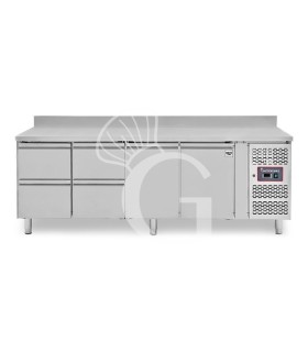 Mesa Refrigerada para gastronomía 4 cajones 2 puertas 700 mm -2°C/+8°C, peto trasero
