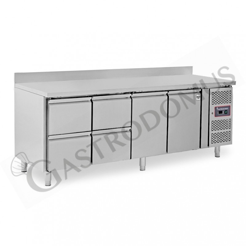 Mesa Refrigerada para gastronomía 4 cajones 2 puertas 700 mm -2°C/+8°C, peto trasero