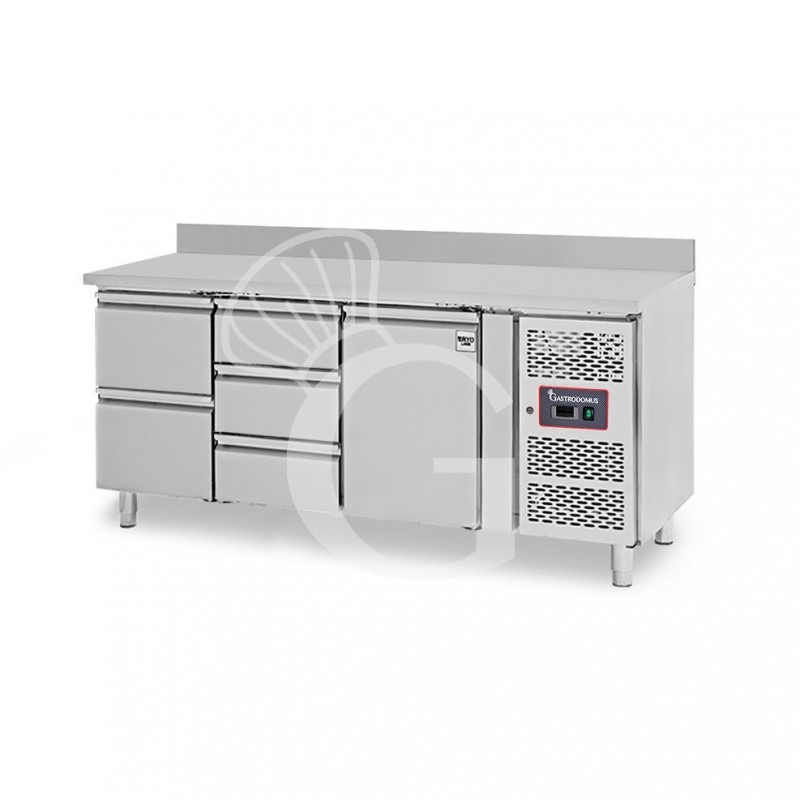 Mesa Refrigerada para gastronomía 5 cajones 1 puerta 700 mm -2°C/+8°C peto trasero