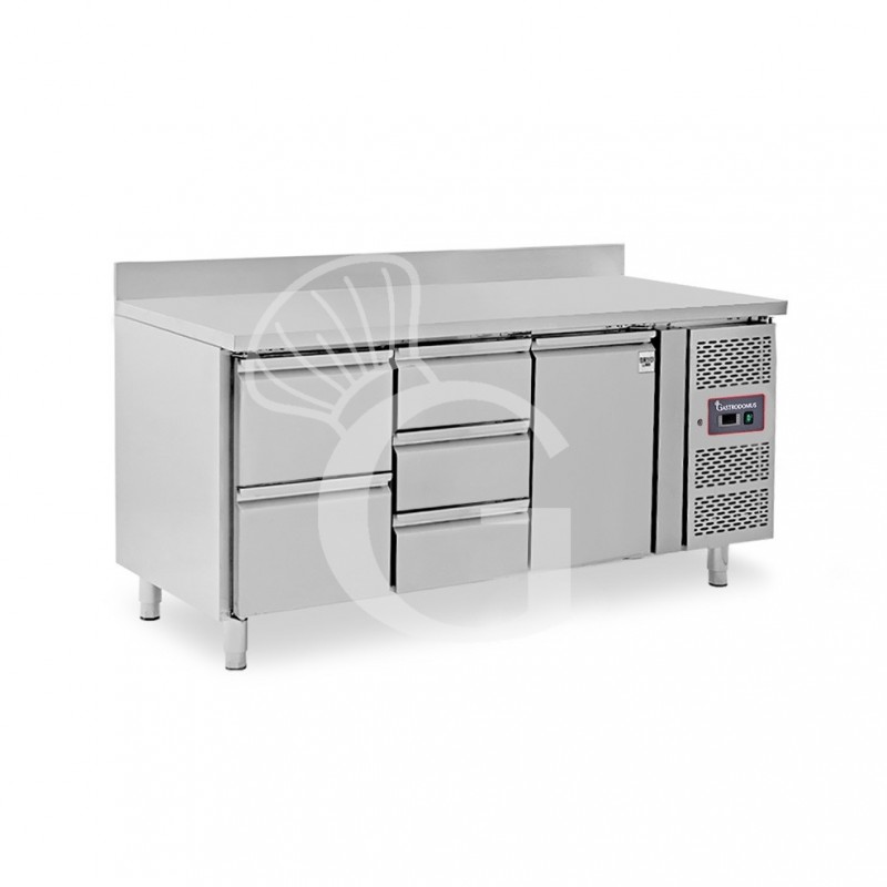 Mesa Refrigerada para gastronomía 5 cajones 1 puerta 700 mm -2°C/+8°C peto trasero