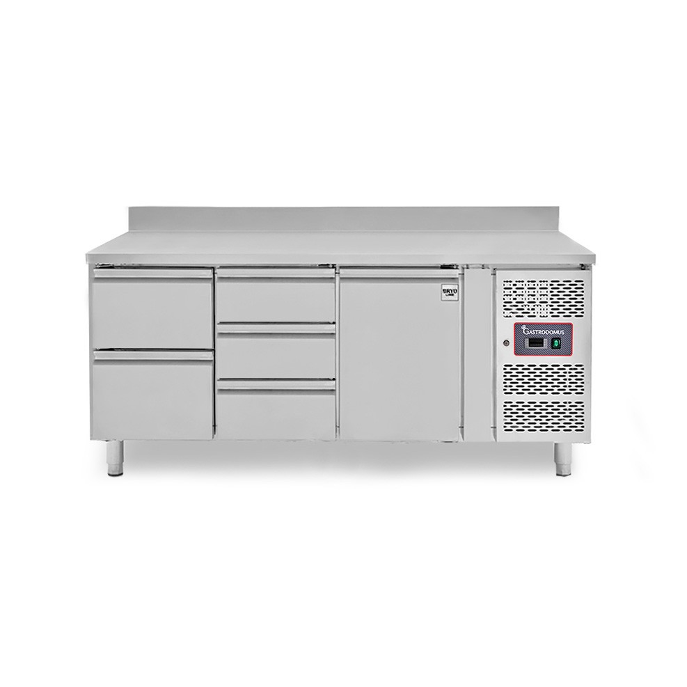 Mesa Refrigerada para gastronomía 5 cajones 1 puerta 700 mm -2°C/+8°C peto trasero