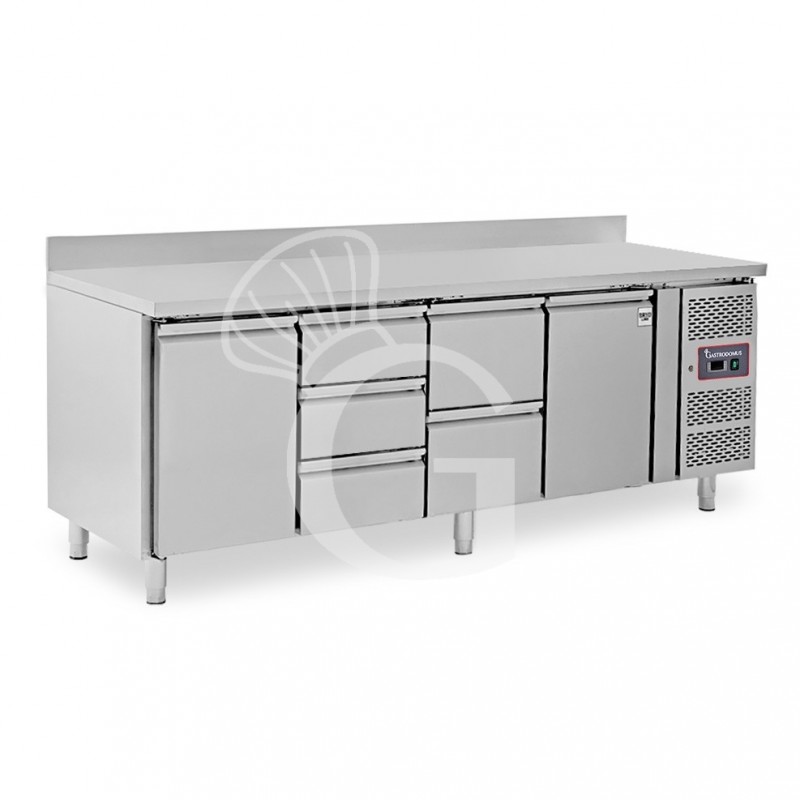 Mesa Refrigerada para gastronomía 5 cajones 2 puertas 700 mm -2°C/+8°C, peto trasero