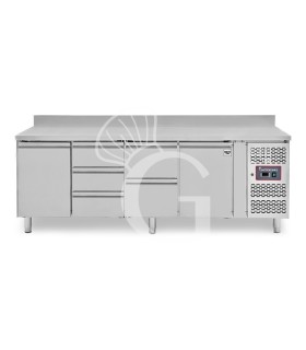 Mesa Refrigerada para gastronomía 5 cajones 2 puertas 700 mm -2°C/+8°C, peto trasero