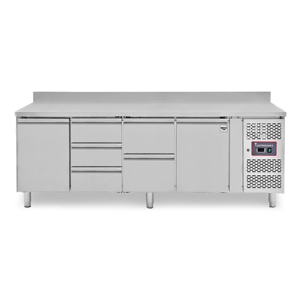 Mesa Refrigerada para gastronomía 5 cajones 2 puertas 700 mm -2°C/+8°C, peto trasero