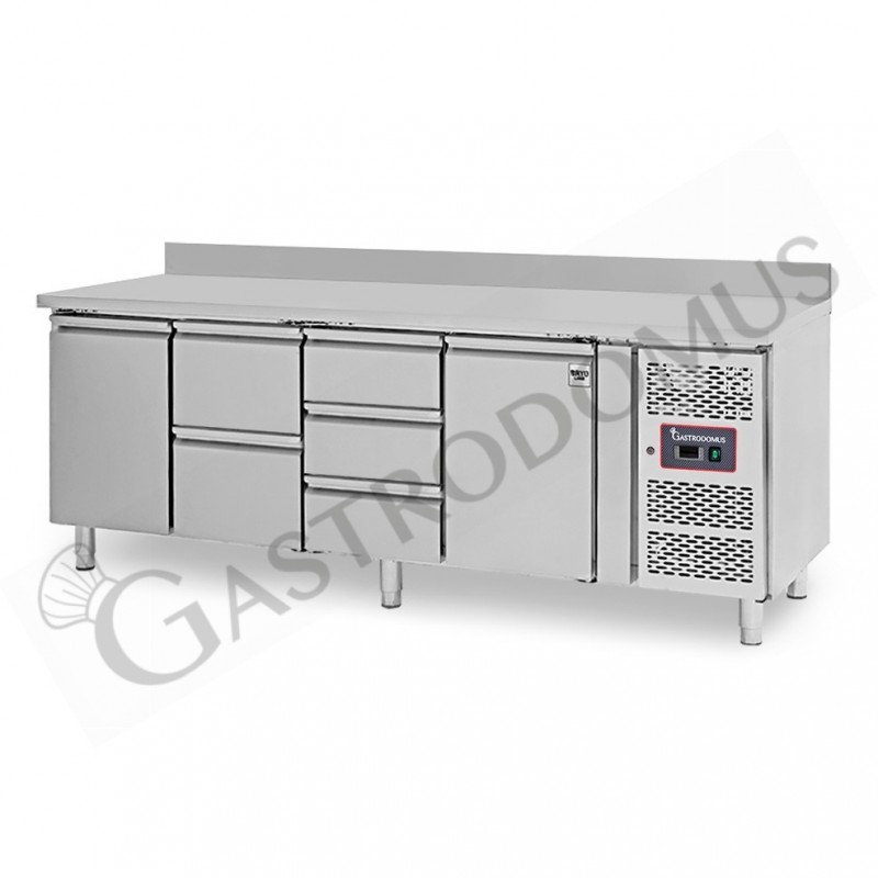 Mesa Refrigerada para gastronomía 5 cajones 2 puertas 700 mm -2°C/+8°C, peto trasero