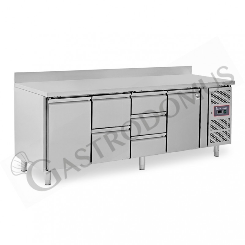 Mesa Refrigerada para gastronomía 5 cajones 2 puertas 700 mm -2°C/+8°C, peto trasero