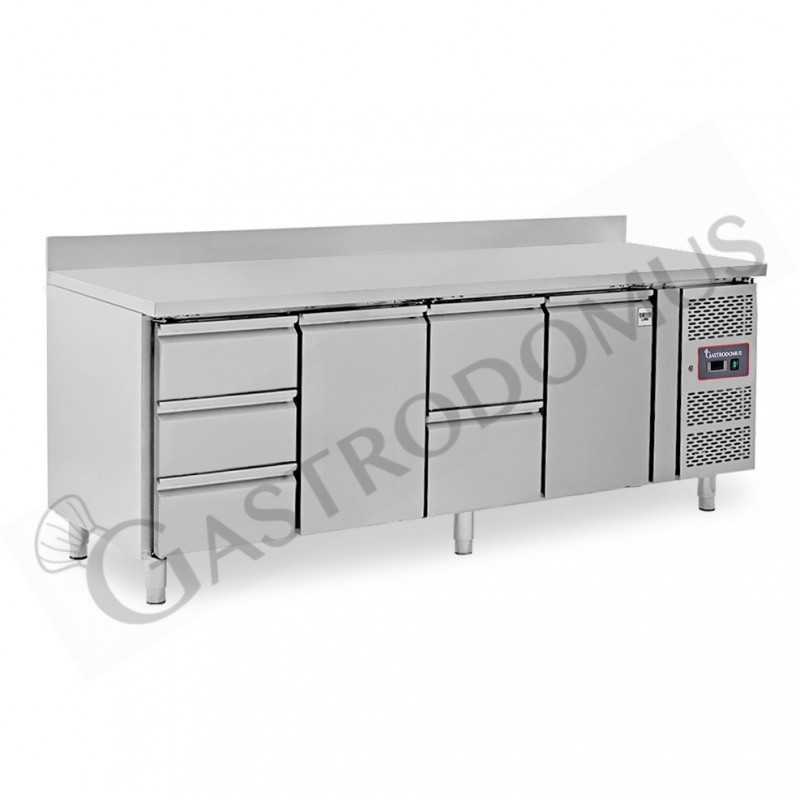 Mesa Refrigerada para gastronomía 5 cajones 2 puertas 700 mm -2°C/+8°C, peto trasero